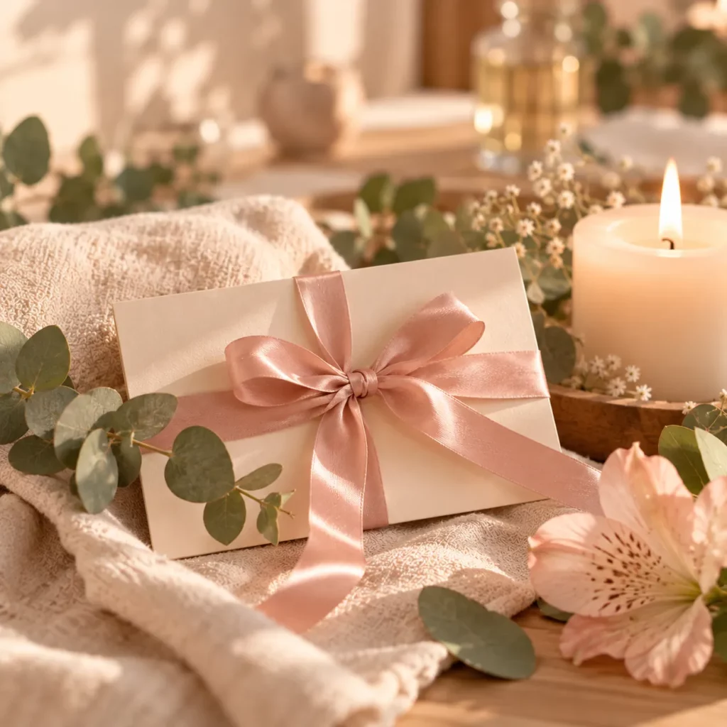 Carte cadeau massage avec ruban rose et bougie
