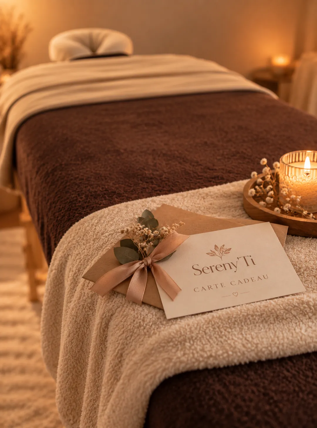 Carte cadeau Sereny'Ti posée sur la table de massage