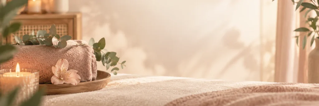 Ambiance douce de massage avec serviette rose, fleur et bougie