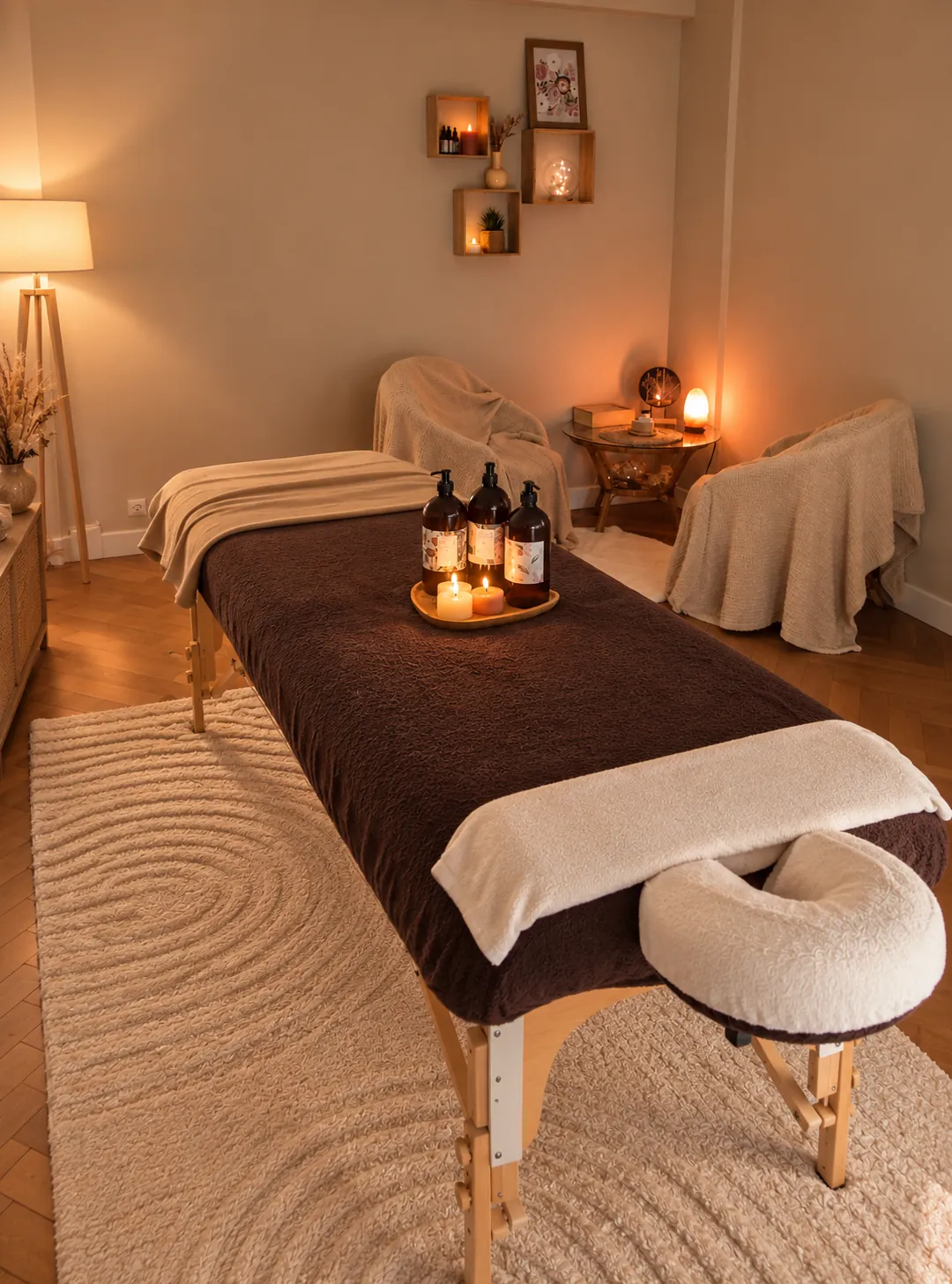 Table de massage préparée avec huiles et bougies